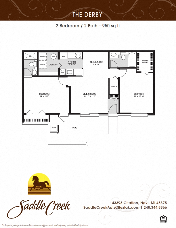 Floor plan for 2 beds, 2 baths